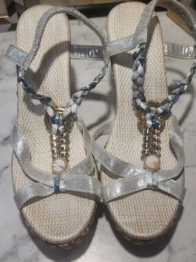 Silver Braided T-Strap Wedge Sandals - Women